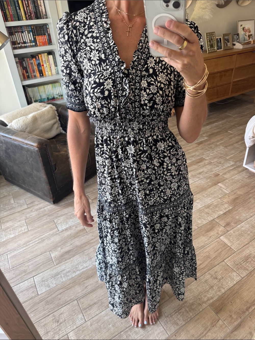 Max Studio Black & White Floral Smocked Waist Maxi Dress
